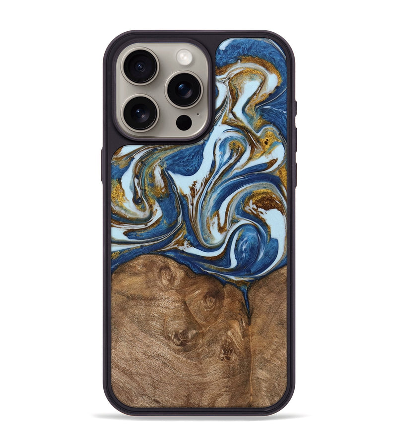 iPhone 15 Pro Max Wood Phone Case - Makhi (Teal & Gold, 743022)