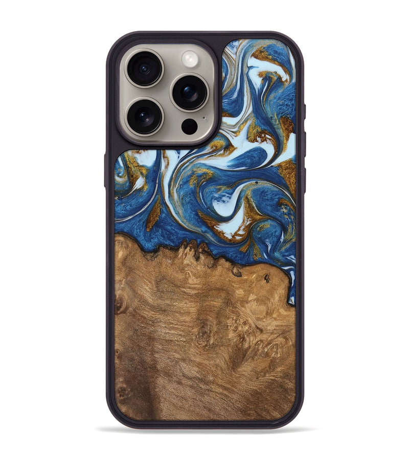 iPhone 15 Pro Max Wood Phone Case - Haroon (Teal & Gold, 743031)