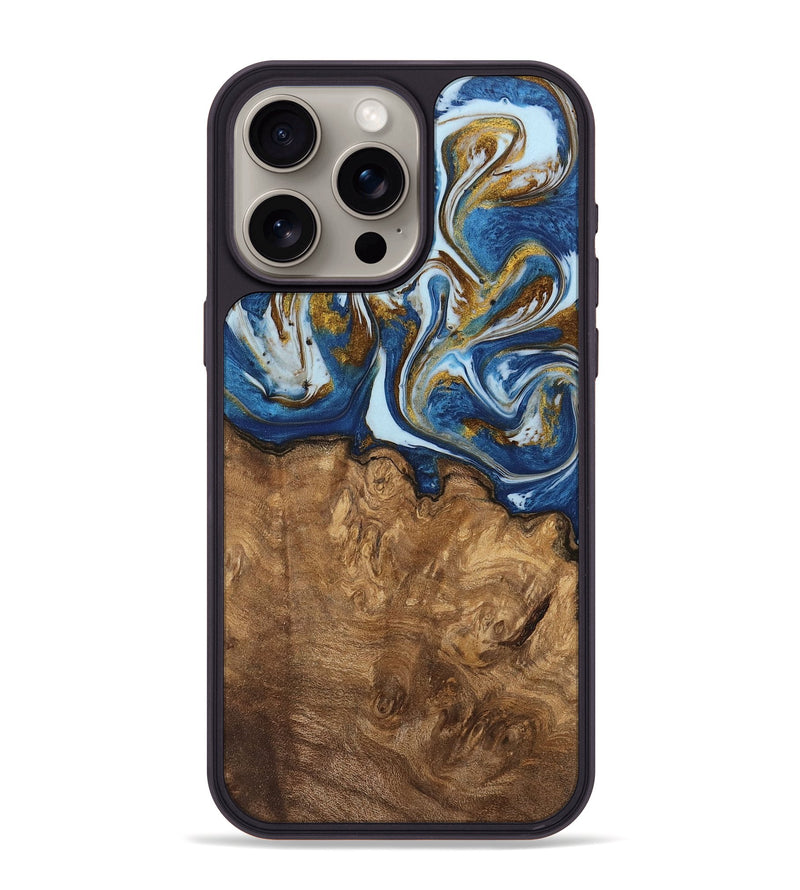 iPhone 15 Pro Max Wood Phone Case - Rice (Teal & Gold, 743032)