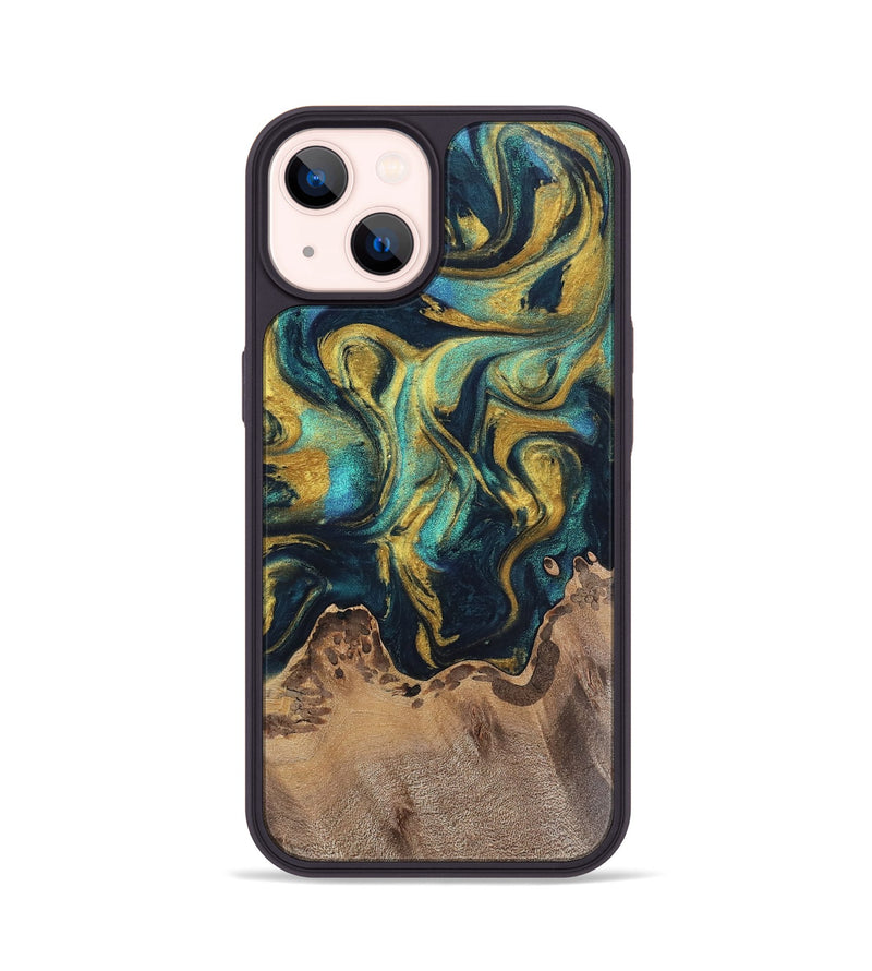 iPhone 14 Wood Phone Case - Willow (Teal & Gold, 743046)