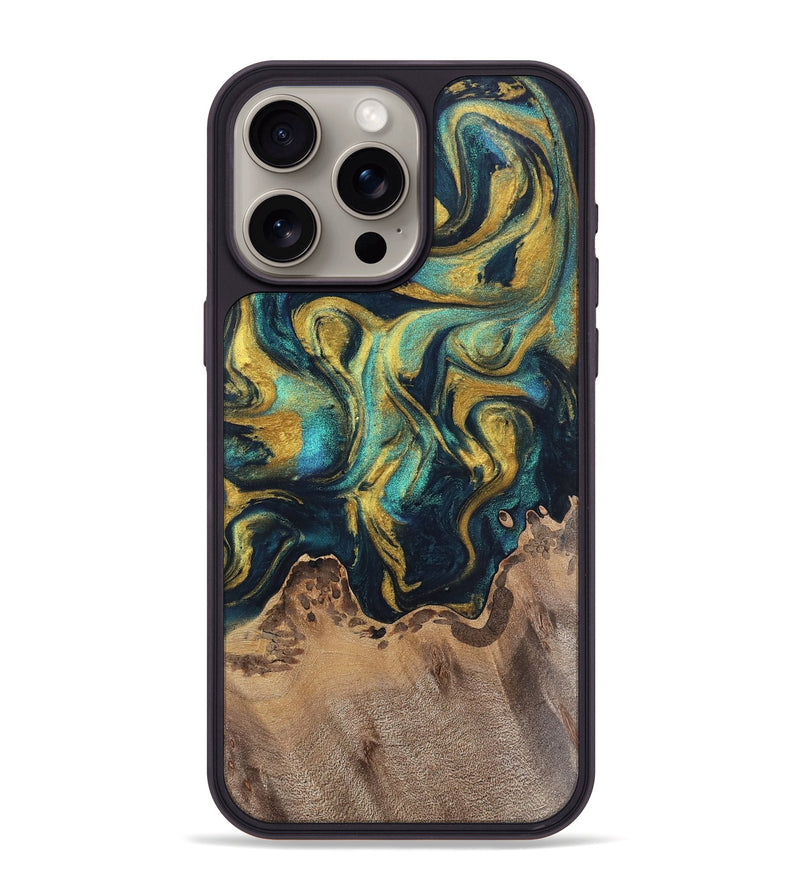 iPhone 15 Pro Max Wood Phone Case - Willow (Teal & Gold, 743046)