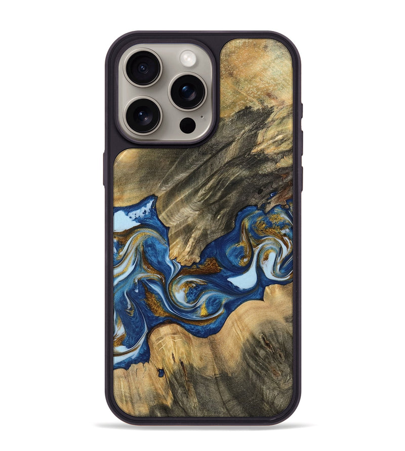 iPhone 15 Pro Max Wood Phone Case - Tiertza (Teal & Gold, 743060)