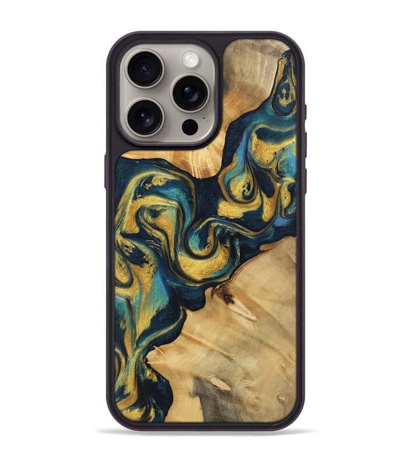 iPhone 15 Pro Max Wood Phone Case - Tisa (Teal & Gold, 743065)