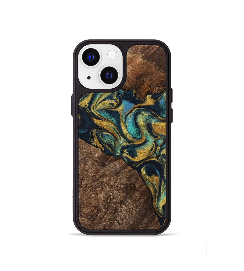 iPhone 13 mini Wood Phone Case - Davian (Teal & Gold, 743077)