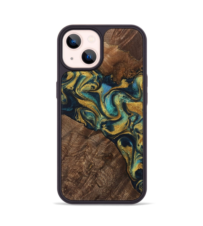 iPhone 14 Wood Phone Case - Davian (Teal & Gold, 743077)