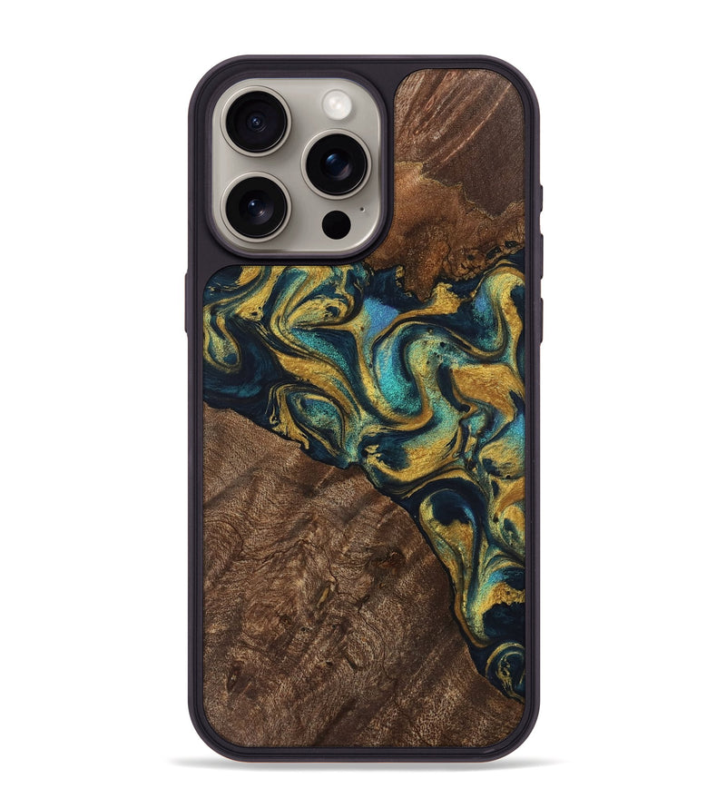 iPhone 15 Pro Max Wood Phone Case - Davian (Teal & Gold, 743077)