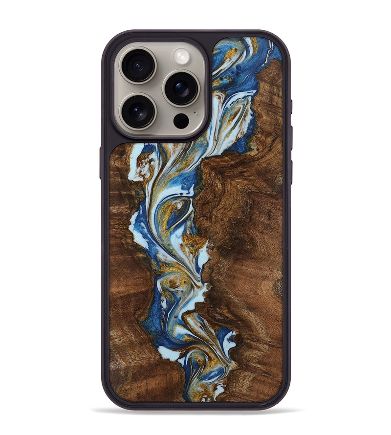 iPhone 15 Pro Max Wood Phone Case - Mace (Teal & Gold, 743078)