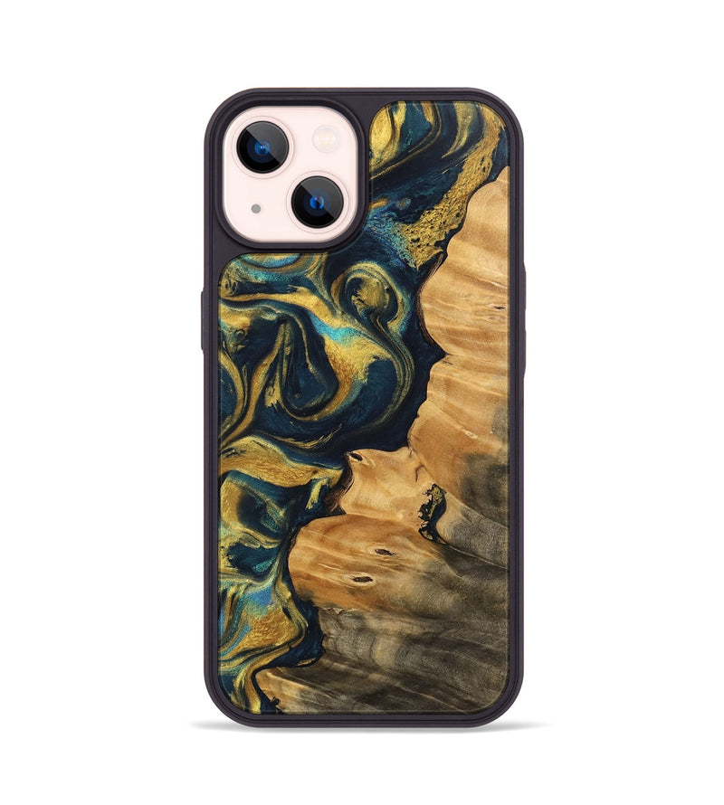 iPhone 14 Wood Phone Case - Philip (Teal & Gold, 743264)