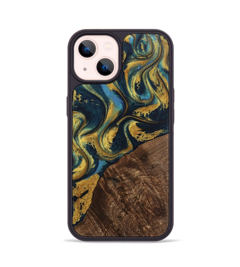 iPhone 14 Wood Phone Case - Artie (Teal & Gold, 743335)