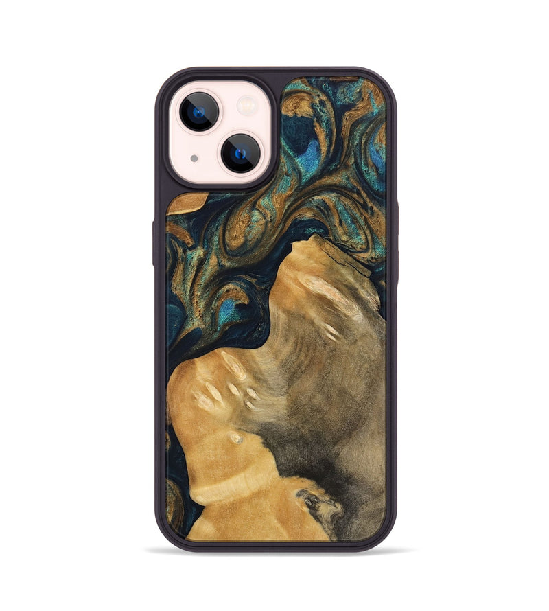 iPhone 14 Wood Phone Case - Corissa (Teal & Gold, 743417)