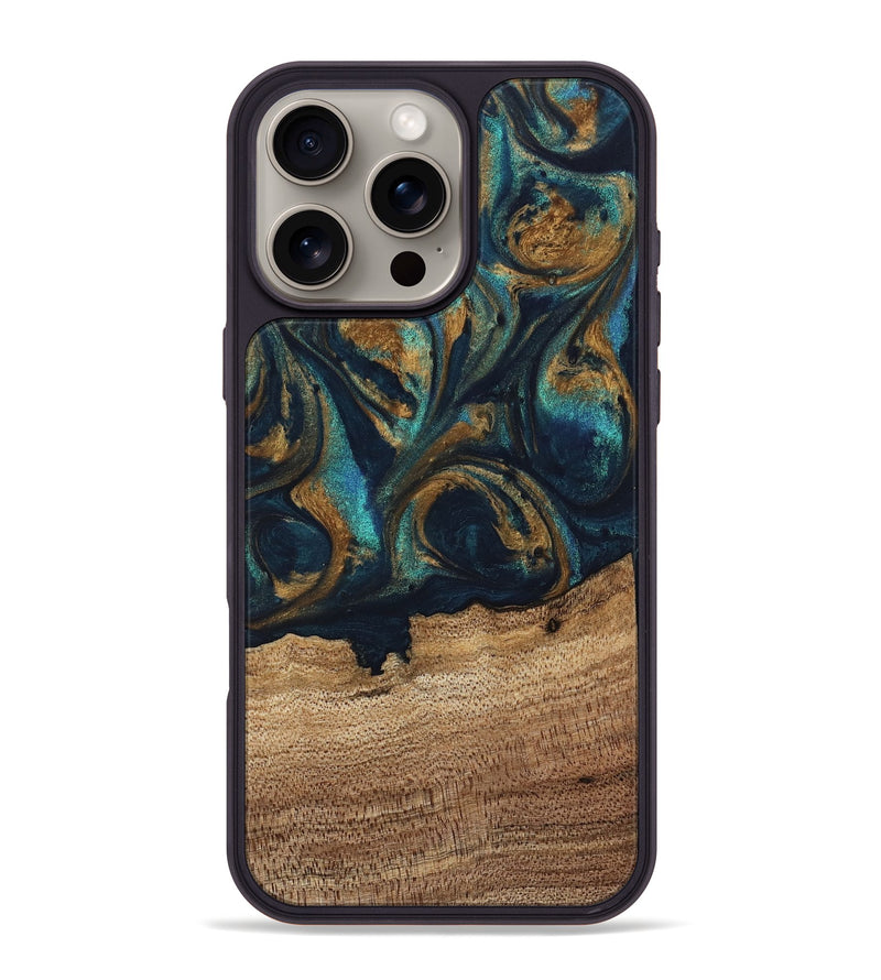 iPhone 16 Pro Max Wood Phone Case - Bodo (Teal & Gold, 743420)