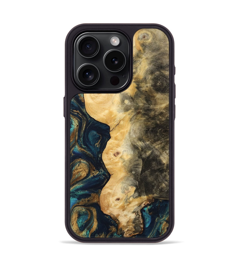 iPhone 15 Pro Wood Phone Case - Hamp (Teal & Gold, 743422)