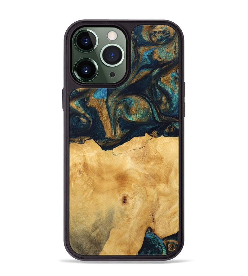 iPhone 13 Pro Max Wood Phone Case - Margot (Teal & Gold, 743423)