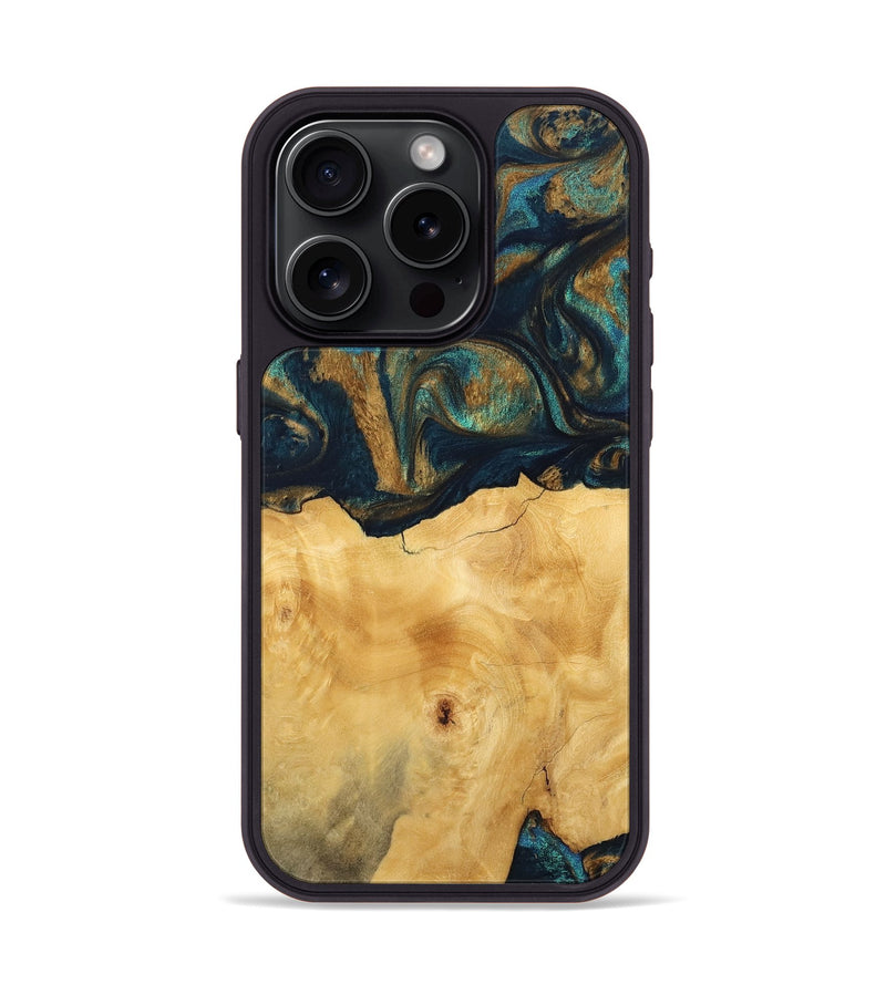 iPhone 15 Pro Wood Phone Case - Margot (Teal & Gold, 743423)