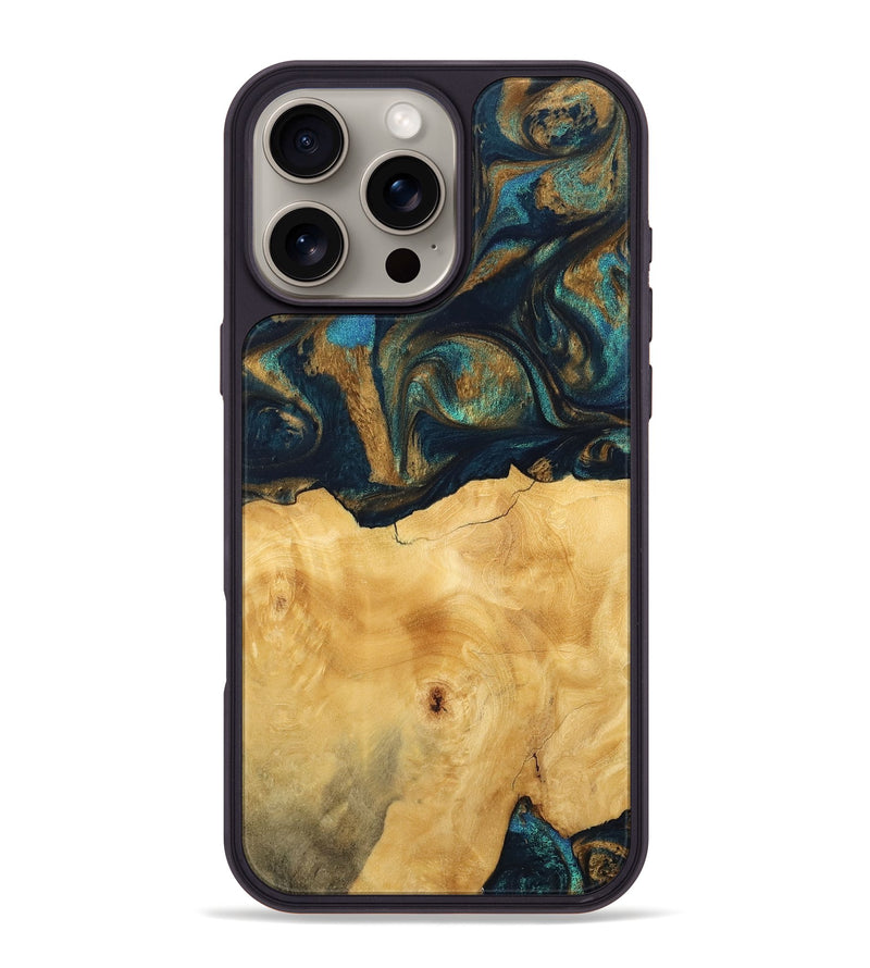 iPhone 16 Pro Max Wood Phone Case - Margot (Teal & Gold, 743423)