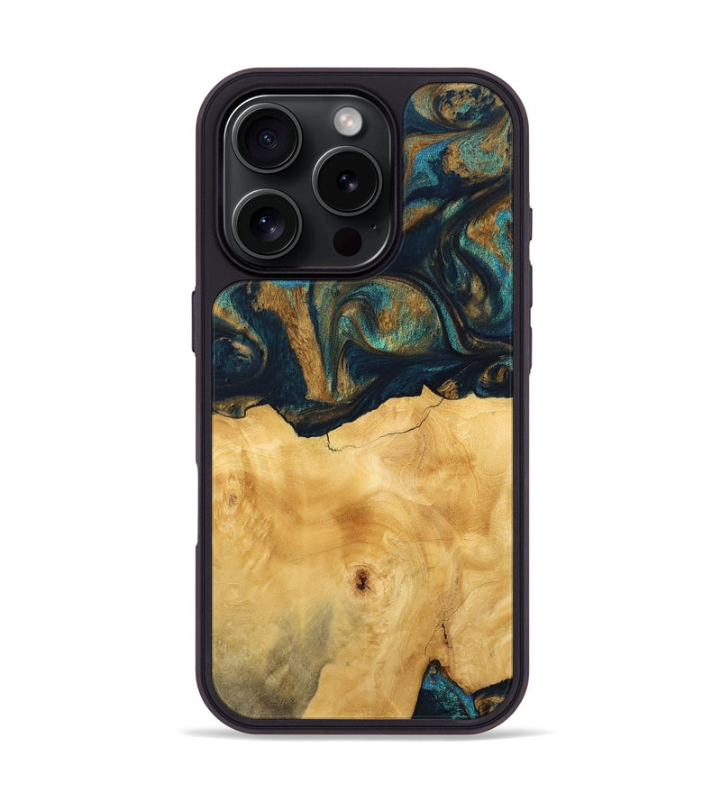 iPhone 16 Pro Wood Phone Case - Margot (Teal & Gold, 743423)