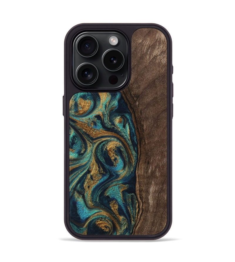 iPhone 15 Pro Wood Phone Case - Jaxson (Teal & Gold, 743425)