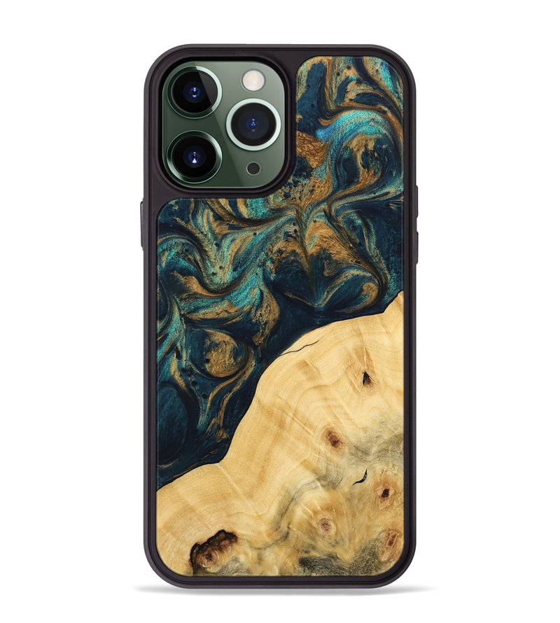 iPhone 13 Pro Max Wood Phone Case - Ellynn (Teal & Gold, 743438)