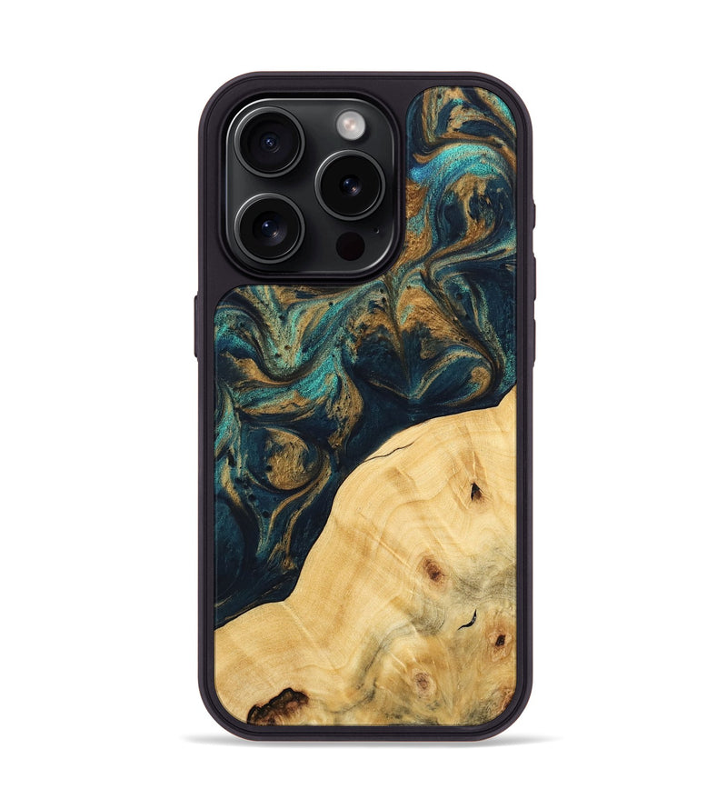 iPhone 15 Pro Wood Phone Case - Ellynn (Teal & Gold, 743438)