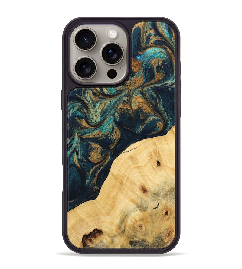 iPhone 16 Pro Max Wood Phone Case - Ellynn (Teal & Gold, 743438)