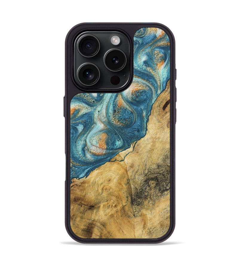 iPhone 16 Pro Wood Phone Case - Leopold (Teal & Gold, 743460)