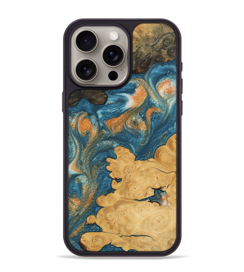 iPhone 15 Pro Max Wood Phone Case - Joao (Teal & Gold, 743464)