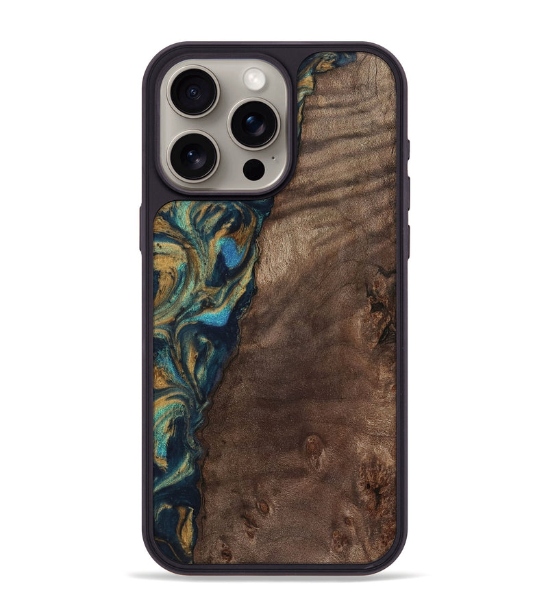 iPhone 15 Pro Max Wood Phone Case - Sonia (Teal & Gold, 743466)