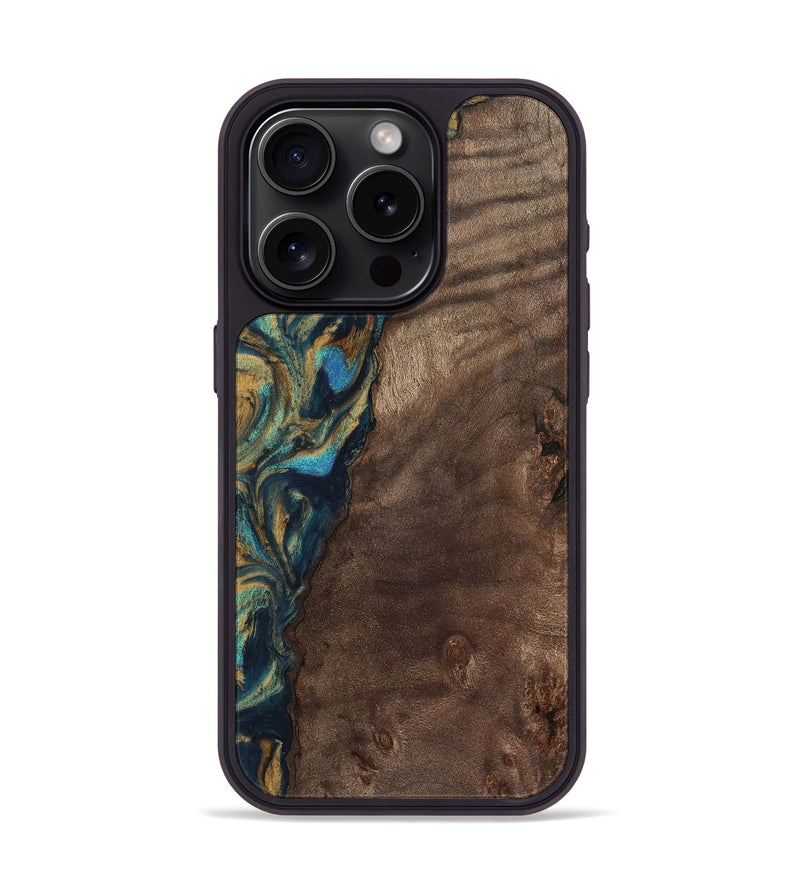 iPhone 15 Pro Wood Phone Case - Sonia (Teal & Gold, 743466)