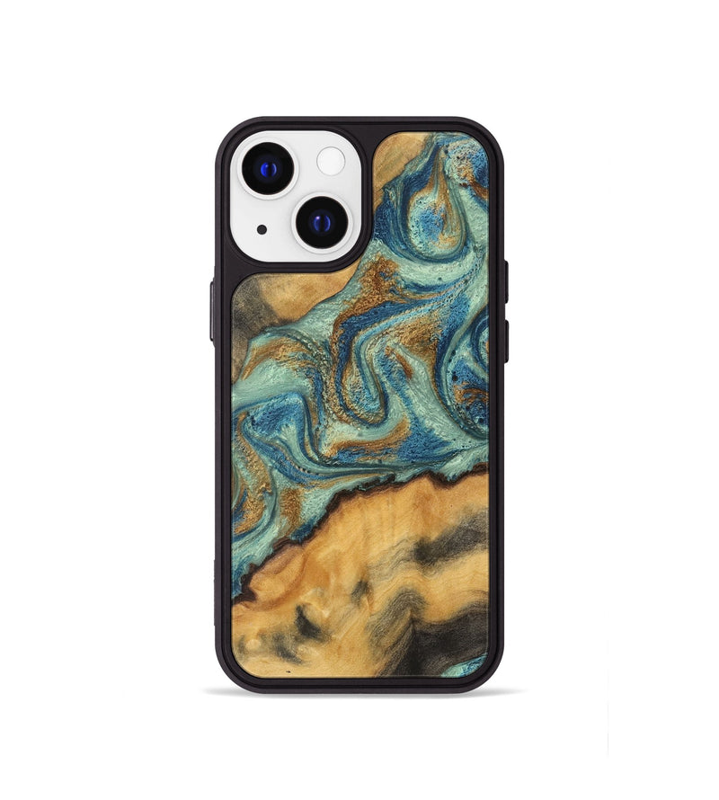 iPhone 13 mini Wood Phone Case - Sisely (Teal & Gold, 743794)