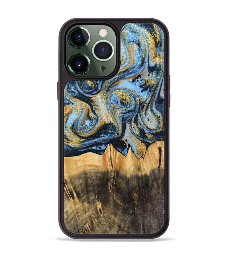 iPhone 13 Pro Max Wood Phone Case - Denzil (Teal & Gold, 743916)