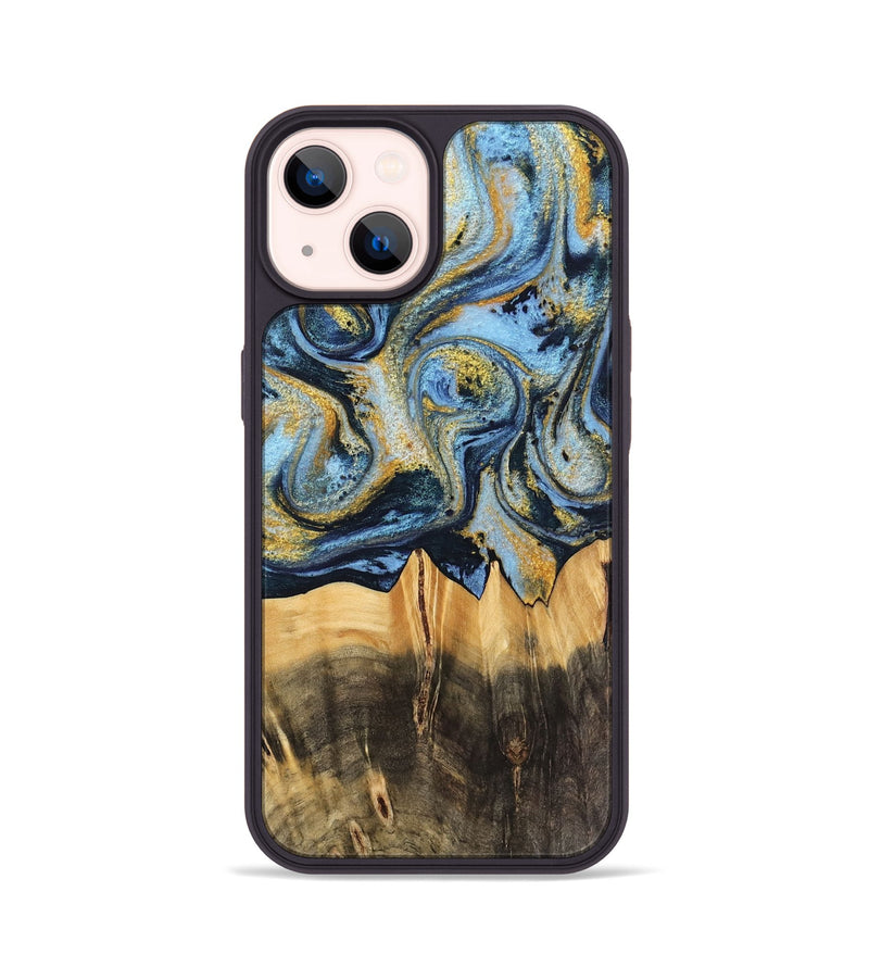 iPhone 14 Wood Phone Case - Denzil (Teal & Gold, 743916)