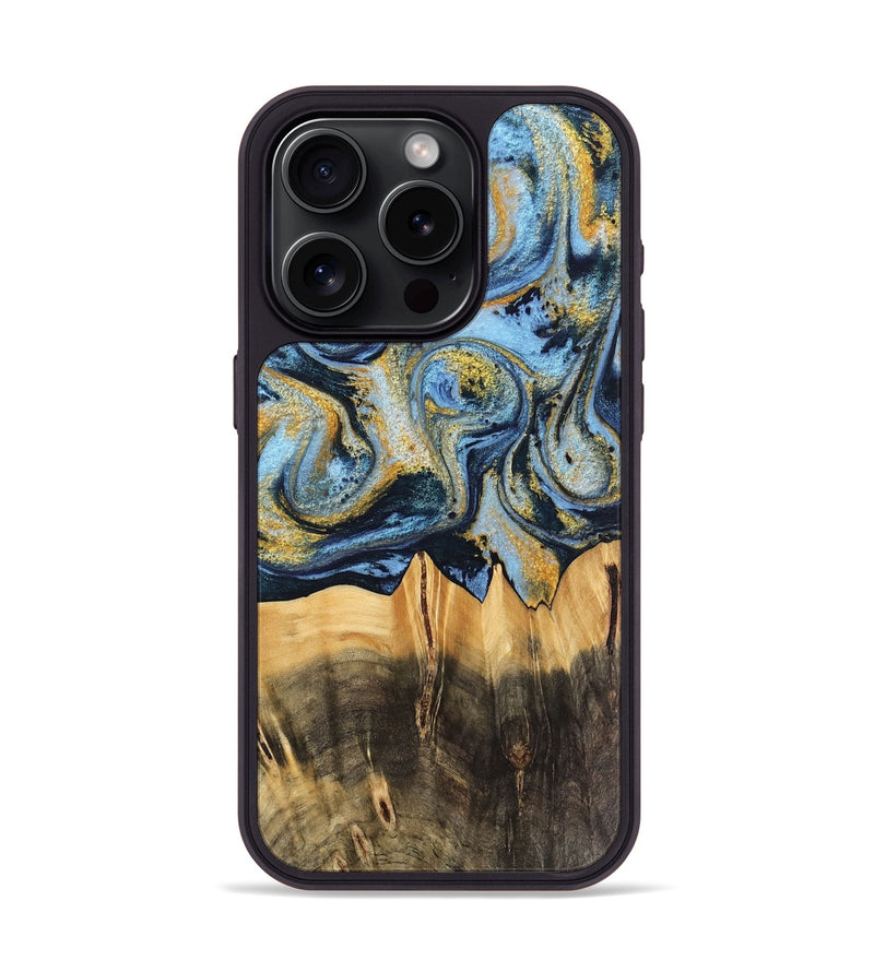 iPhone 15 Pro Wood Phone Case - Denzil (Teal & Gold, 743916)