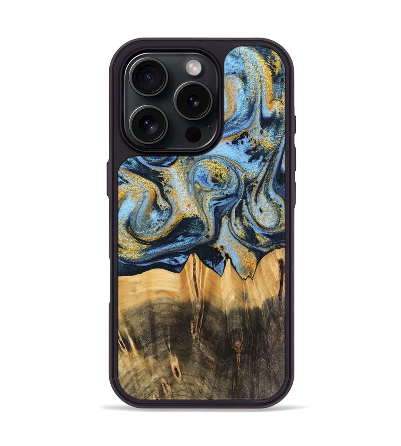 iPhone 16 Pro Wood Phone Case - Denzil (Teal & Gold, 743916)