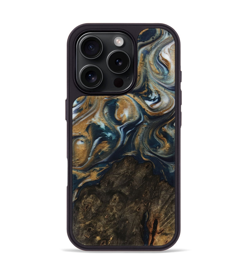 iPhone 16 Pro Wood Phone Case - Ruie (Teal & Gold, 743933)