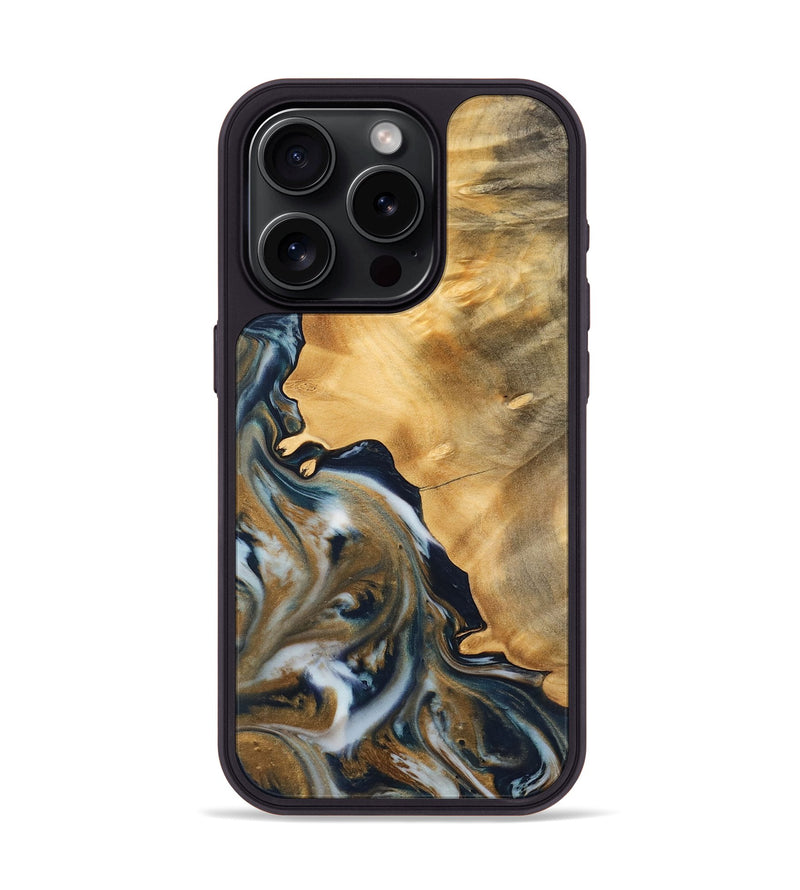 iPhone 15 Pro Wood Phone Case - Mella (Teal & Gold, 743939)