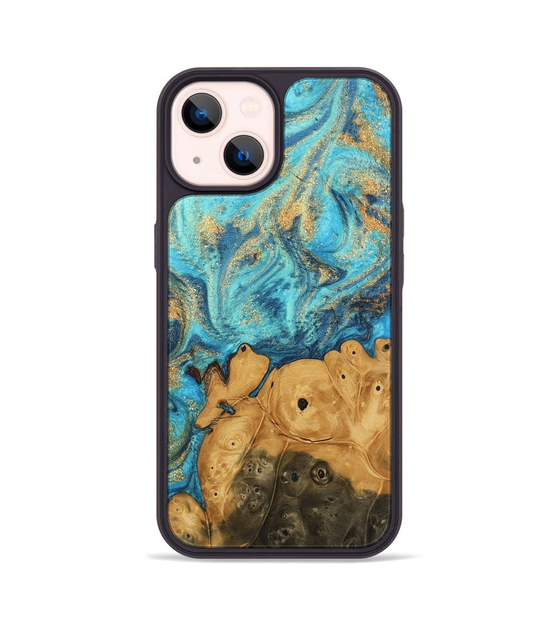 iPhone 14 Wood Phone Case - Valeria (Teal & Gold, 744034)