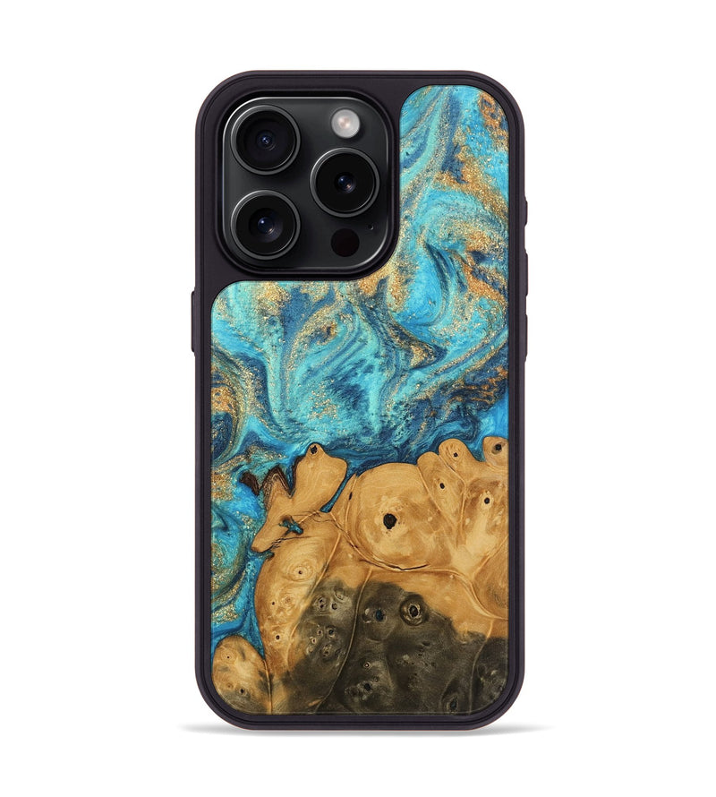 iPhone 15 Pro Wood Phone Case - Valeria (Teal & Gold, 744034)