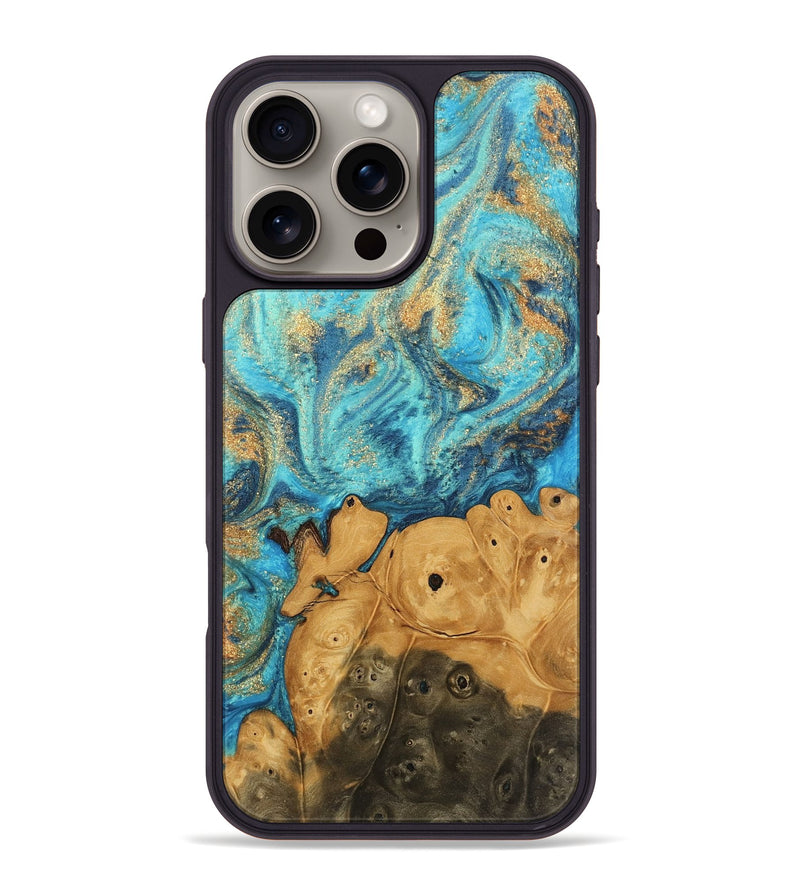 iPhone 16 Pro Max Wood Phone Case - Valeria (Teal & Gold, 744034)