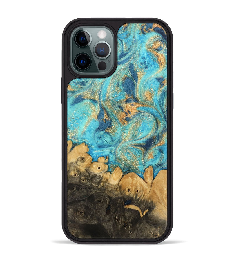 iPhone 12 Pro Max Wood Phone Case - Paityn (Teal & Gold, 744058)