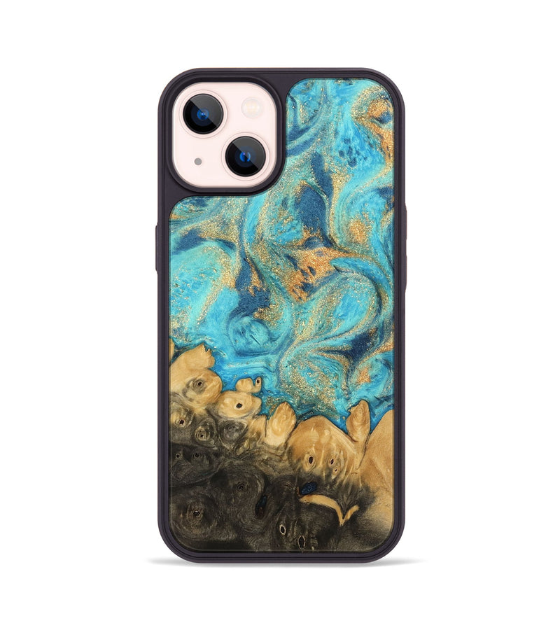 iPhone 14 Wood Phone Case - Paityn (Teal & Gold, 744058)