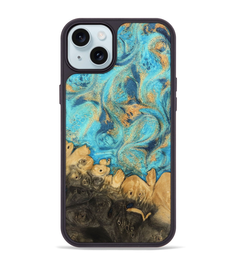 iPhone 15 Plus Wood Phone Case - Paityn (Teal & Gold, 744058)