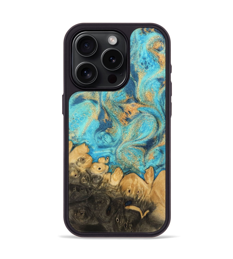 iPhone 15 Pro Wood Phone Case - Paityn (Teal & Gold, 744058)