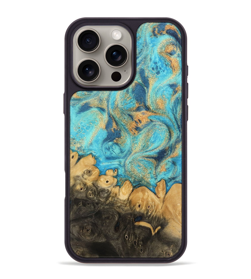 iPhone 16 Pro Max Wood Phone Case - Paityn (Teal & Gold, 744058)