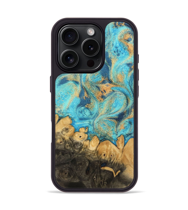 iPhone 16 Pro Wood Phone Case - Paityn (Teal & Gold, 744058)