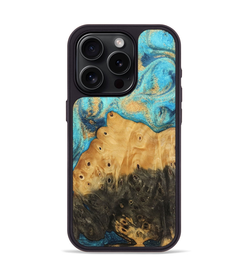 iPhone 15 Pro Wood Phone Case - Auro (Teal & Gold, 744059)