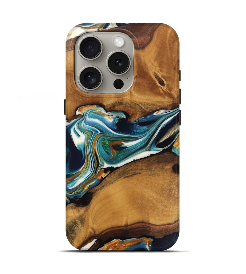 iPhone 16 Pro Wood Live Edge Phone Case - Jaxon (Teal & Gold, 744086)