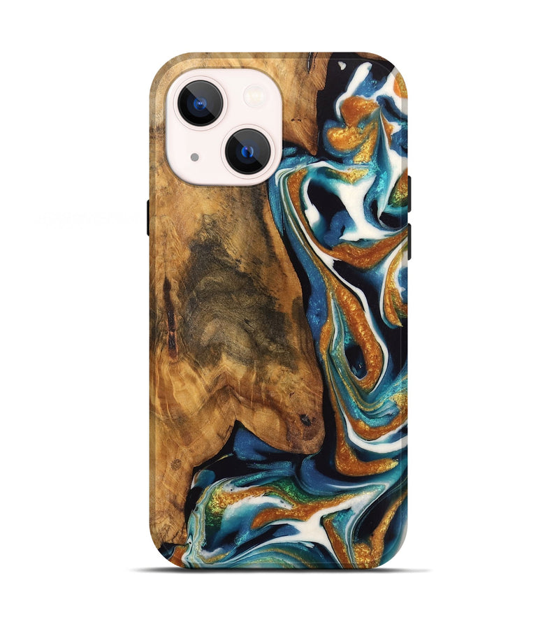 iPhone 13 Wood Live Edge Phone Case - Sarine (Teal & Gold, 744090)