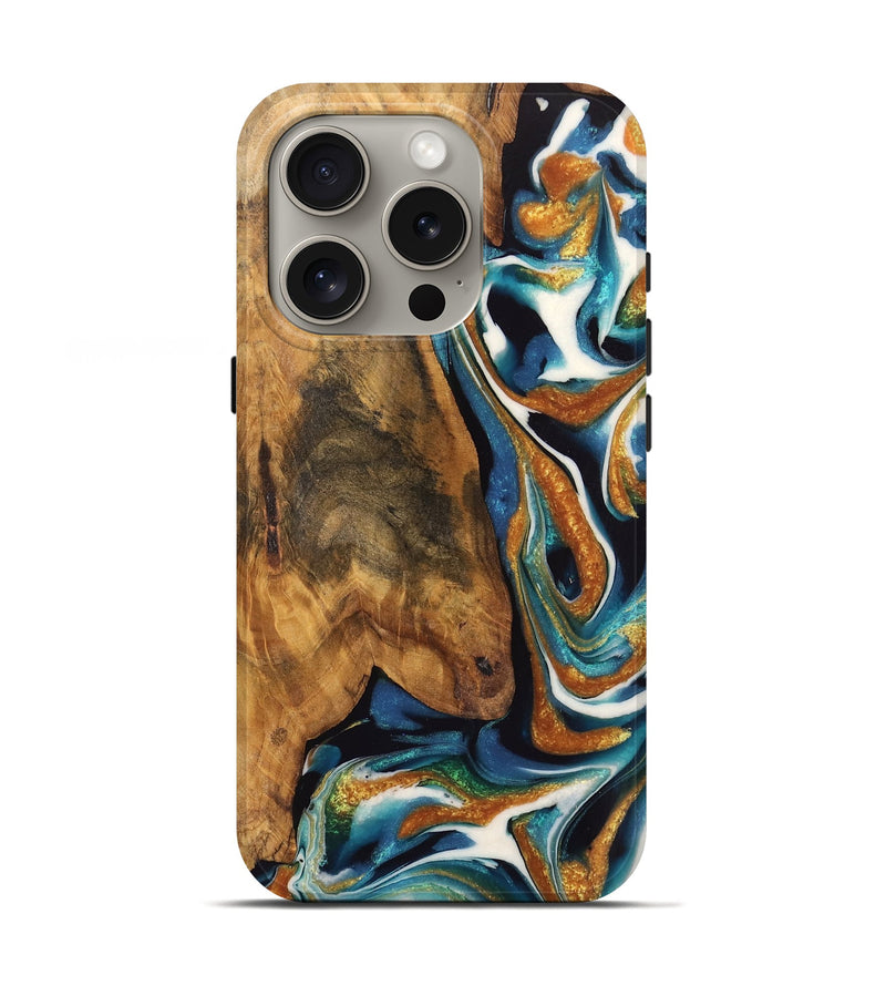 iPhone 16 Pro Wood Live Edge Phone Case - Sarine (Teal & Gold, 744090)