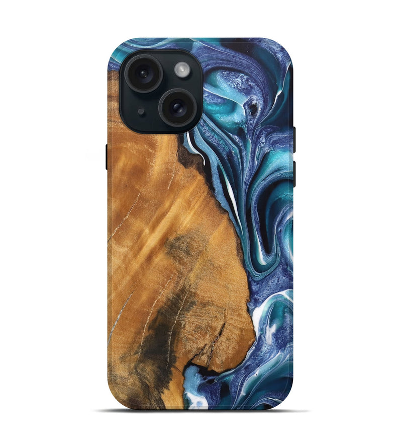 iPhone 15 Wood Live Edge Phone Case - Reena (Blue, 744368)