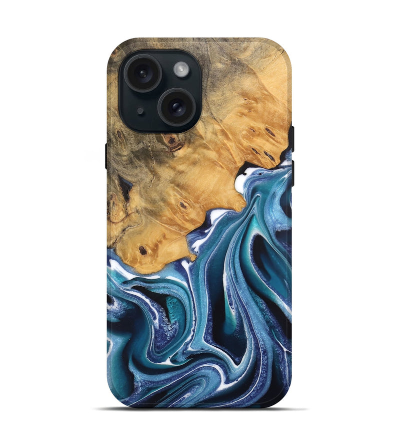 iPhone 15 Wood Live Edge Phone Case - Kinley (Blue, 744377)